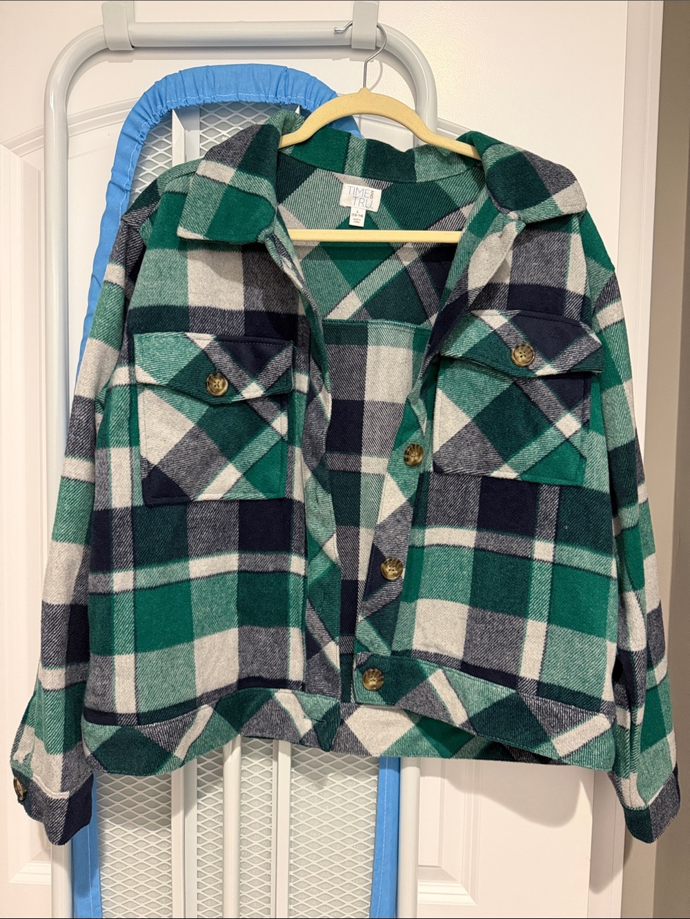 Time and Tru Green and Navy Plaid Button-Up Shacket